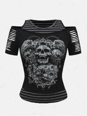 ROMWE Black Cutout Cold-Shoulder Skull Graphic Tee